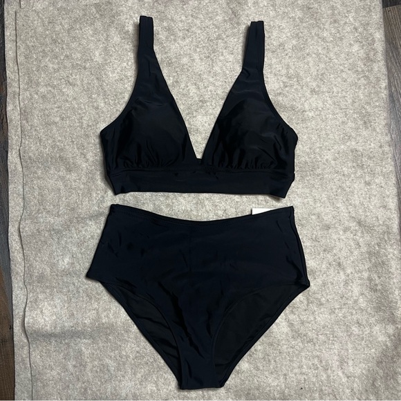Aerie 2 Piece Bikini Triangle Top Padding Bikini Bottom Full Coverage L Black - Picture 1 of 8
